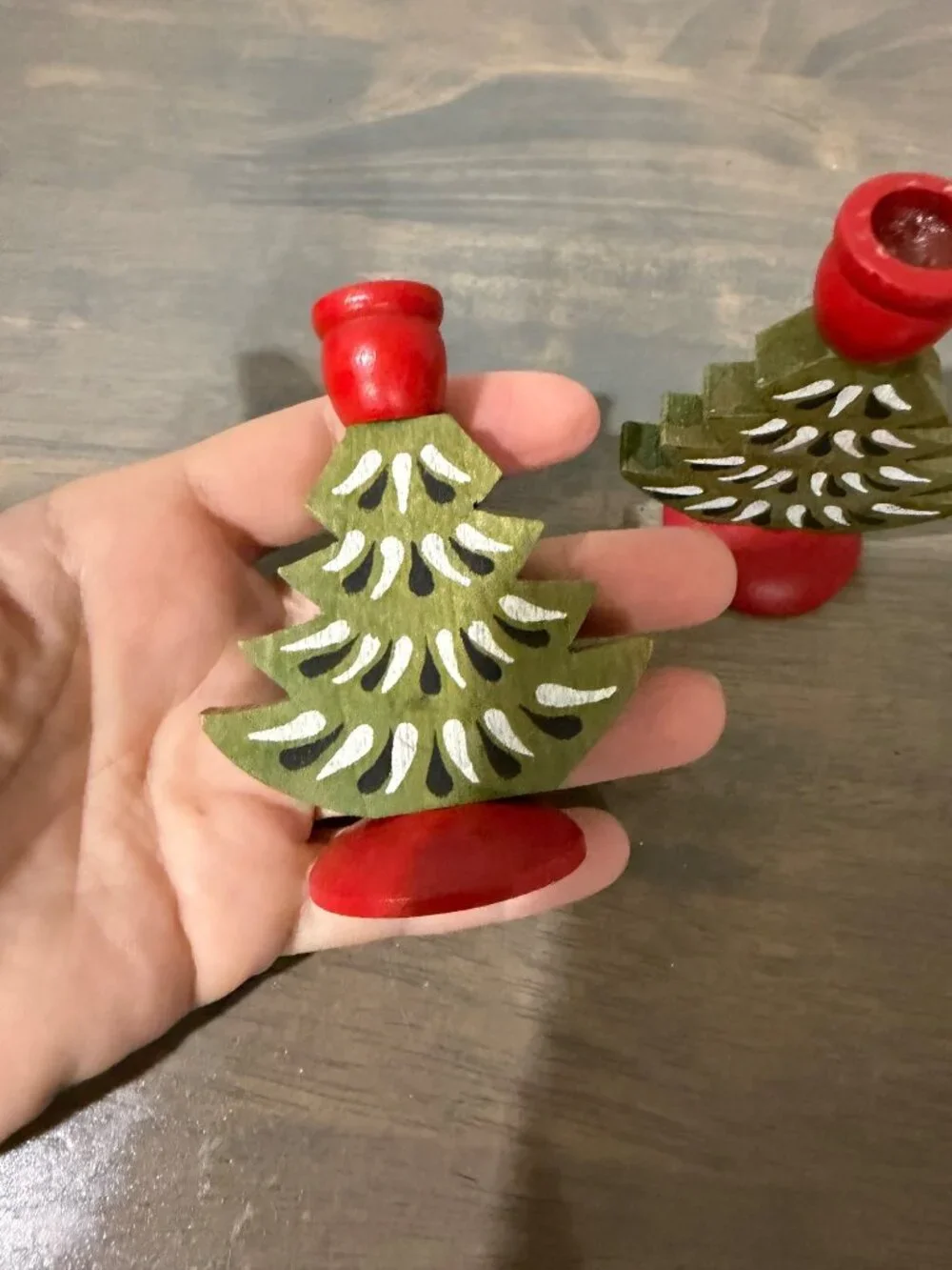 Set of 2 Vintage Swedish Wooden Christmas Tree Taper Candle Holders 3